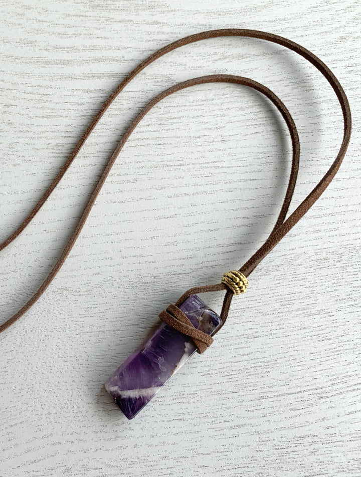 Raw Amethyst Necklace, Purple Crystal Necklace, Real Amethyst Jewelry, Amethyst Jewelry, Crystal Healing Necklace, Amethyst Pendant, Purple Stone Necklace, Handcrafted Amethyst Necklace, Amethyst Crystal Leather Cord, Boho Stone, Bridesmaid Gift, Amethyst Jewelry Gift, Brown Leather Necklace.