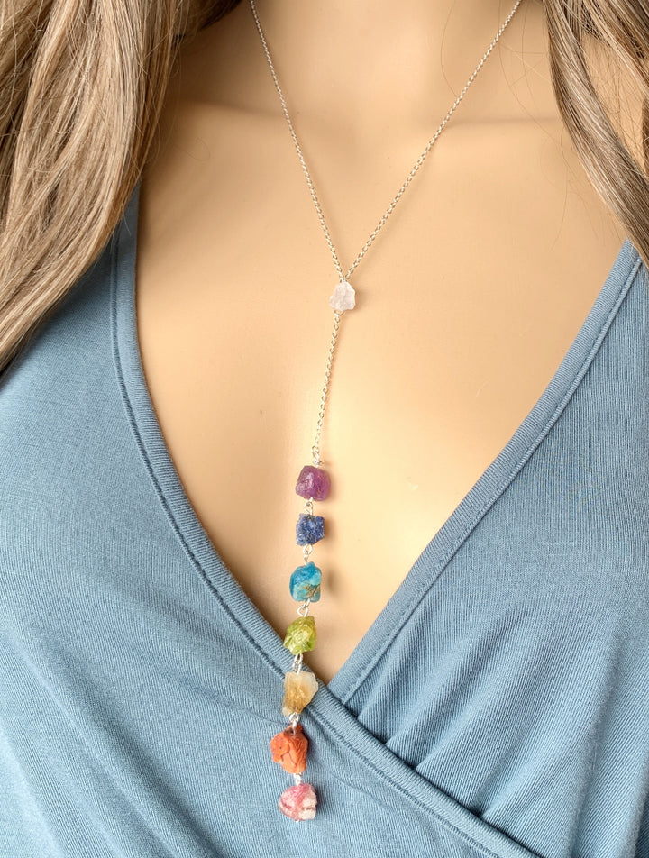 7 Chakra Jewelry, 7 Chakra Necklace, Seven Chakra Crystal Necklace, Crystal Jewelry Gift for Mom, Raw Crystal Healing Necklace, Raw Stone Necklace, Crystal Jewelry, Rainbow Jewelry, Long Lariat Necklace, Pride Month Jewelry, Gay Pride Necklace, Raw Gemstone Necklace, Crystal Gift for Women, Men, Boho Crystal Necklace.
