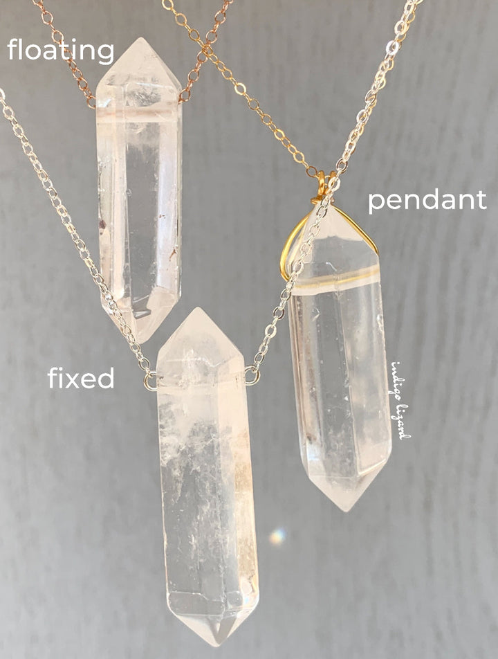 3 different styles including Floating, Pendant or Fixed clear quartz necklace, Customized Real Clear Quartz Necklace, Clear Quartz Jewelry, Authentic Clear Quartz Necklace, Clear Quartz Crystal Jewelry, Gemstone Jewelry, Protection Stone Necklace, Natural Clear Quartz Necklace, April Birthstone Jewelry, Large quartz necklace with gold chain, Natural quartz crystal pendant necklace, Handmade large quartz stone necklace, Quartz healing crystal necklace, Statement raw quartz necklace.